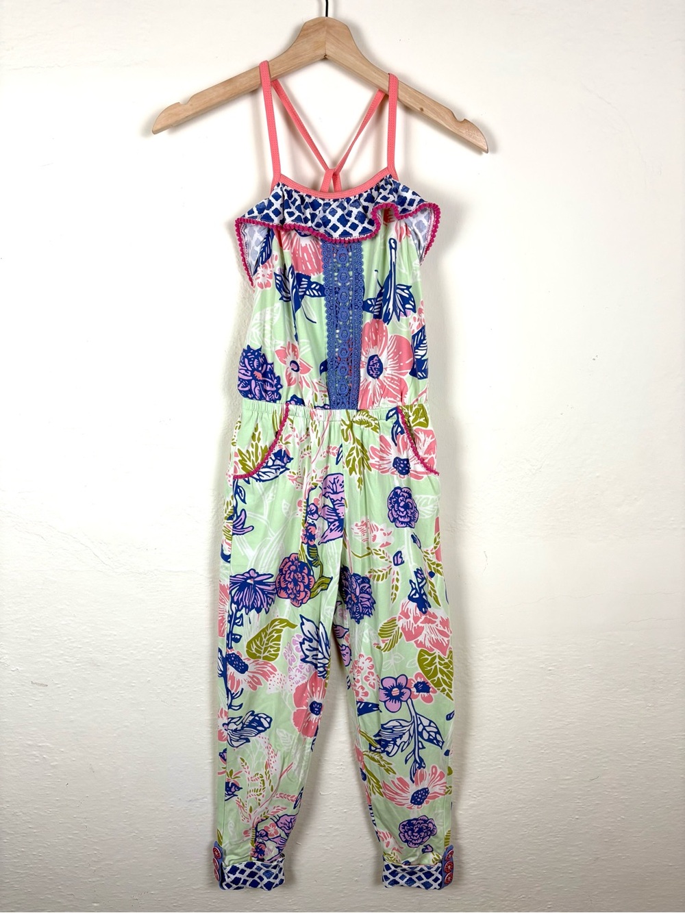 Matilda Jane Girls 8 Floral Jumpsuit Strappy Ruffle Pom Pom Pocket Cuffed Mint⁠